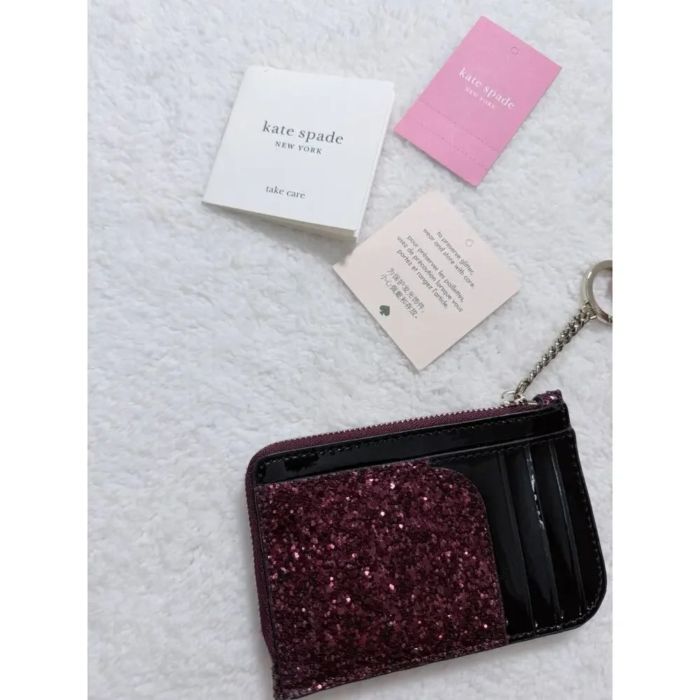 Kate Spade Rock-Glitter Card Holder Key Chain L-Zip Wallet Burgundy Red Odette